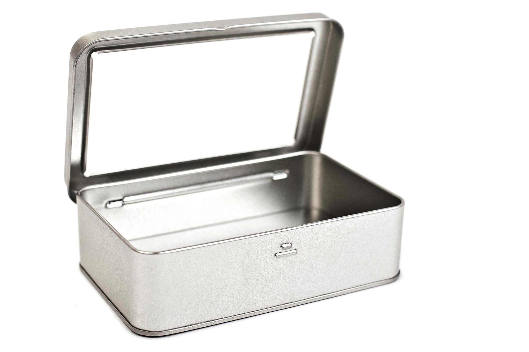 Boîte métallique rectangulaire ouverte en métal couleur argent avec couvercle relevé à fenêtre de visualisation, photographiée sur fond blanc.