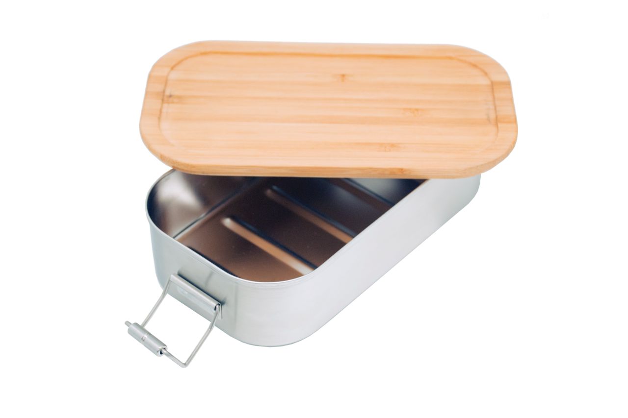 Lunch-box en acier inoxydable 600ml ouverte avec couvercle en bambou – polyvalente pour B2B, B2C et revendeurs.