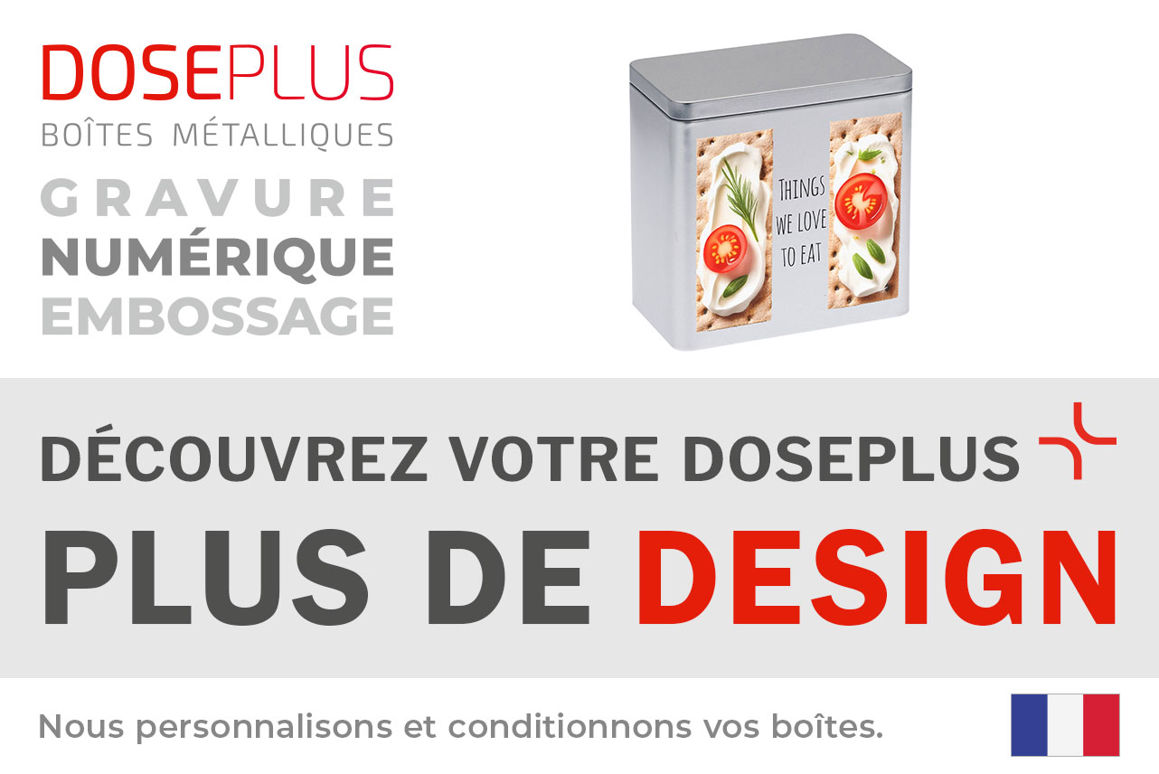 Boîte métallique rectangulaire DSE 10.20 – Bannière : Découvrez votre Doseplus – Plus de design. Emballage premium pour personnalisation et marquage design.