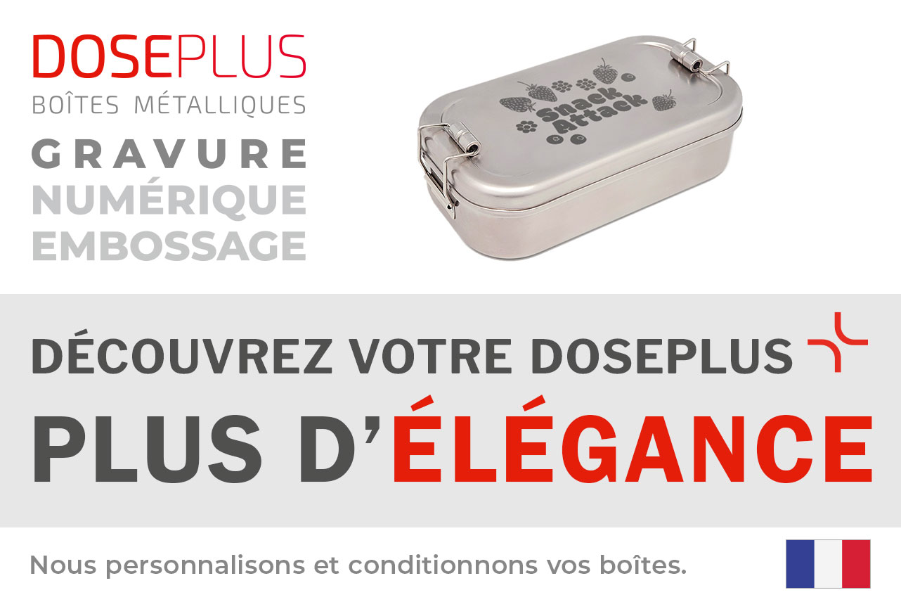 Boîte repas en acier inoxydable CP ES C3 – Bannière : Découvrez votre Doseplus – Plus d’élégance. Boîte métallique haut de gamme parfaite pour personnalisation et marquage.