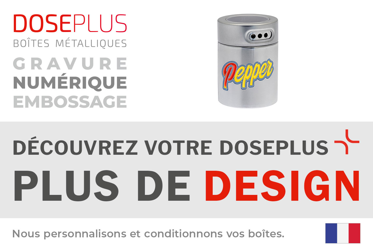 Doseplus poivrier en métal – texte du bandeau : Découvrez votre Doseplus, plus de design. Boîte à épices moderne avec gravure ou impression personnalisée.
