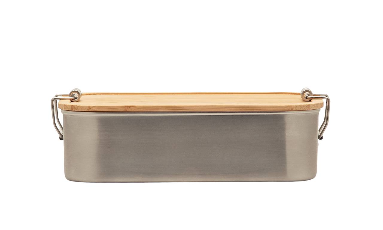 Vue latérale boîte à lunch en acier inoxydable avec couvercle en bambou, corps résistant au lave-vaisselle, couvercle à laver à la main