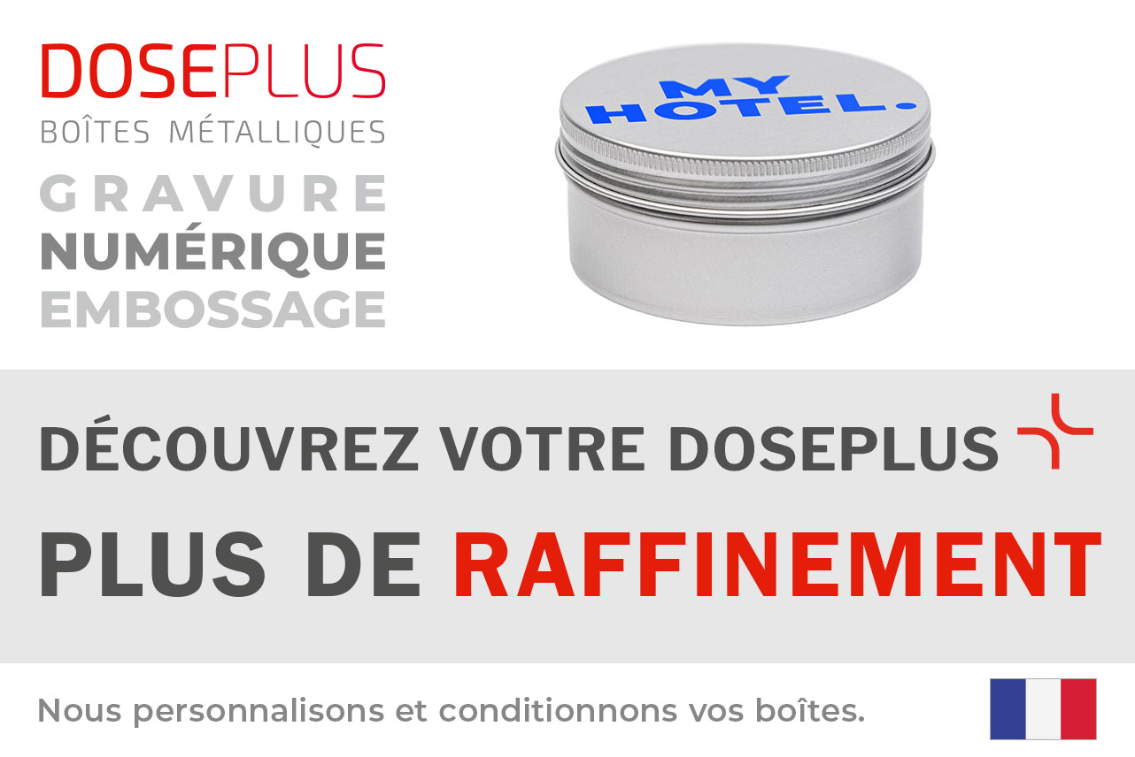 Boîte à savon ronde Doseplus DSS-055 – texte du bandeau : Découvrez votre Doseplus, plus de raffinement. Boîte métallique avec égouttoir, idéale pour savons et cadeaux personnalisés.
