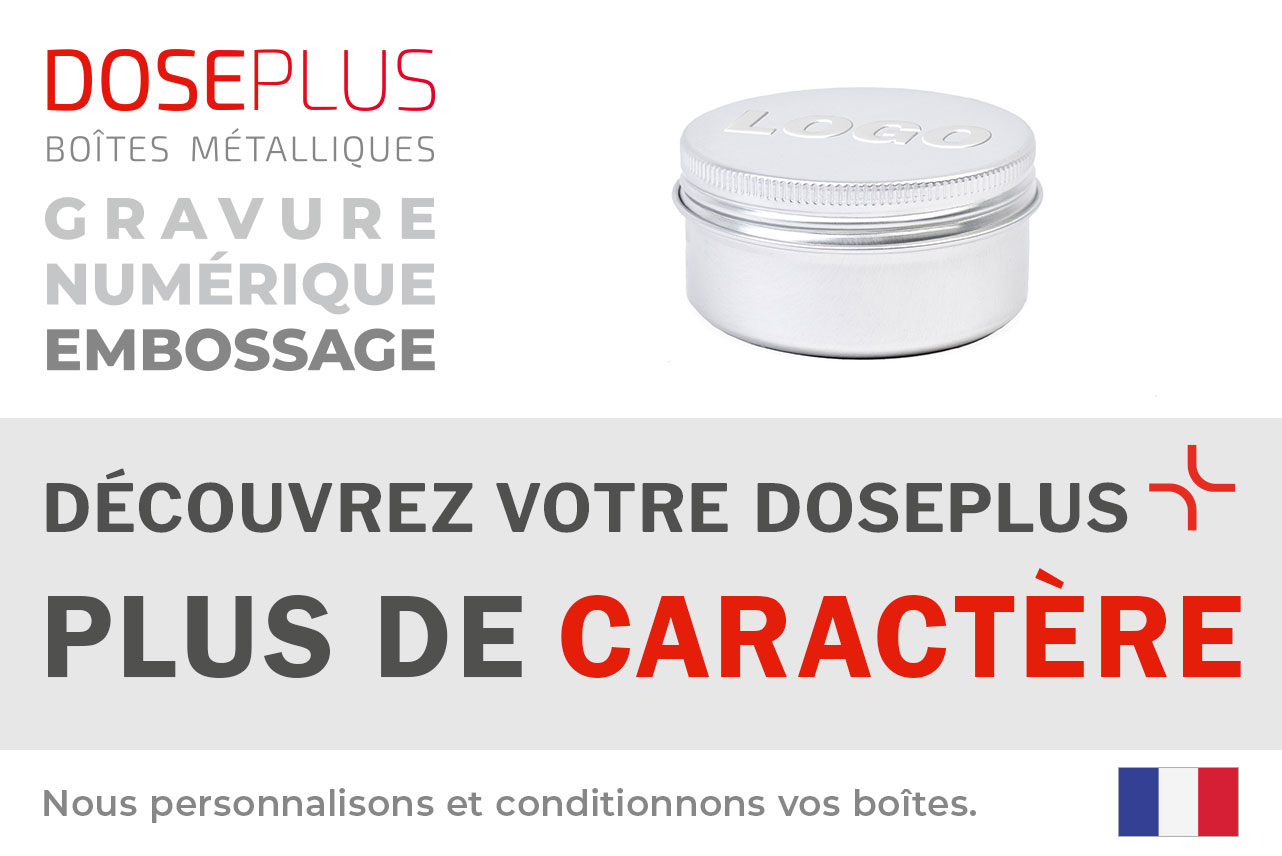 Boîte en aluminium Doseplus avec couvercle à vis – texte du bandeau : Découvrez votre Doseplus, plus de caractère. Emballages métalliques personnalisés, gravés et imprimés.