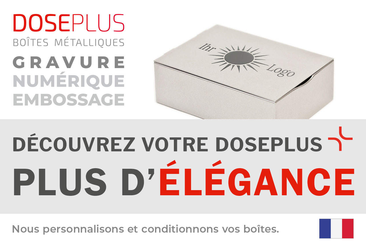 Boîte métallique argentée rectangulaire Doseplus avec gravure laser d'un soleil et texte « Ihr Logo ». Texte : « Emballages métalliques – gaufrage, gravure laser, impression – Découvrez votre Doseplus, plus d'élégance ».