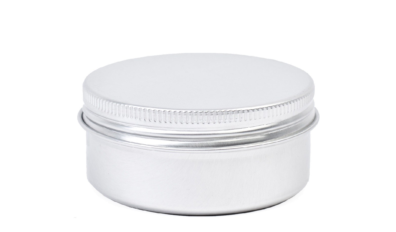 Boîte en aluminium avec couvercle à vis, 100 ml, vide, sur fond blanc – idéale pour cosmétiques, aliments ou échantillons.