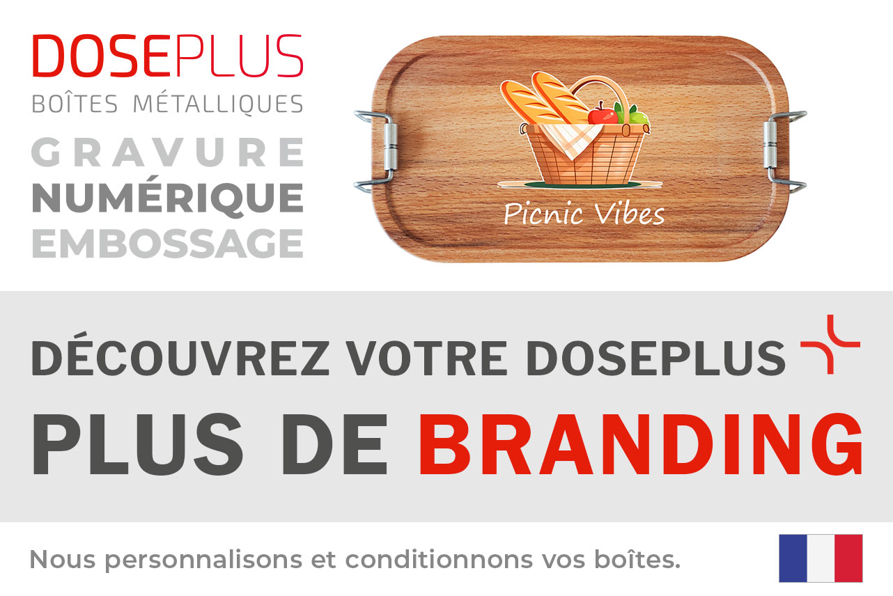 Boîte repas CP BU C6 avec couvercle en bambou – Bannière : Découvrez votre Doseplus – Plus de branding. Boîte inox premium parfaite pour marquage personnalisé.