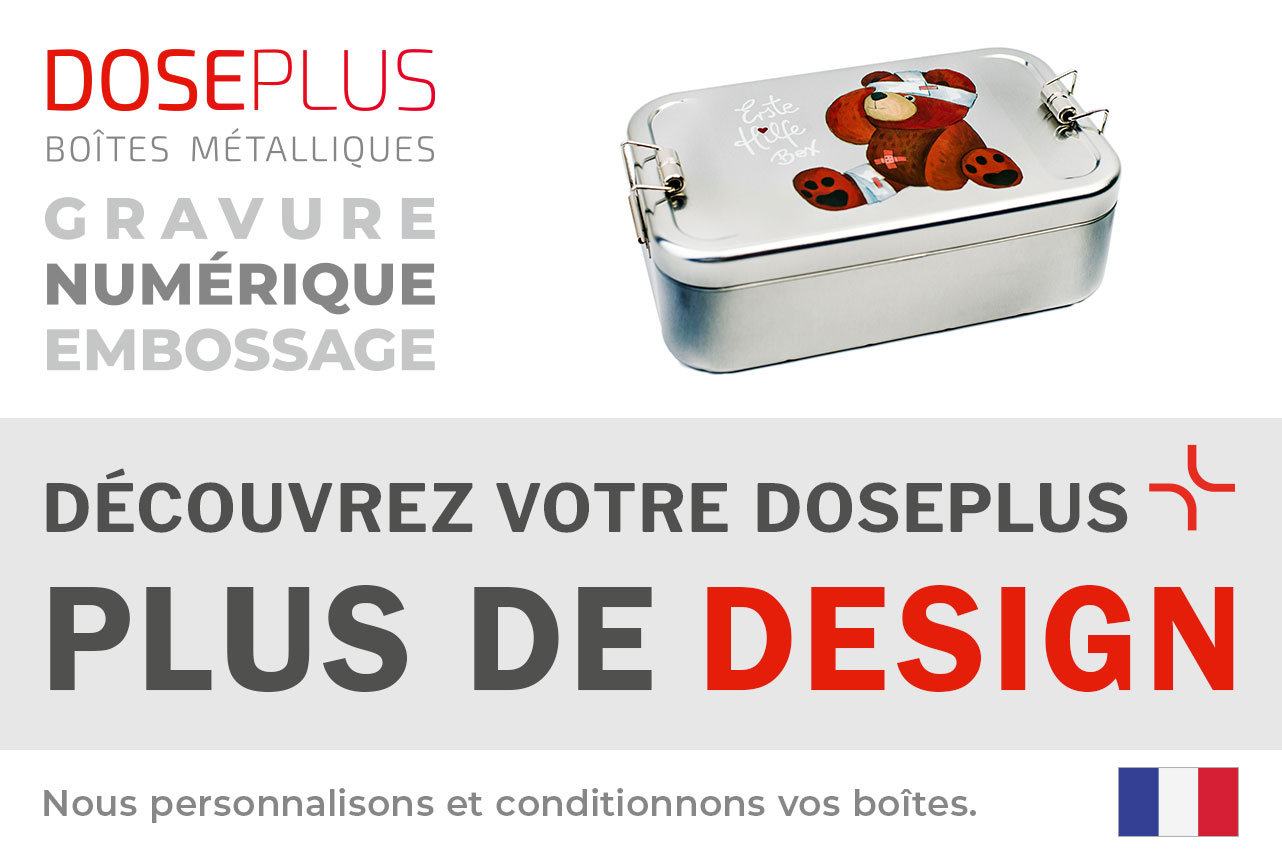 Boîte-repas métallique Doseplus Classic Maxi – texte du bandeau : Découvrez votre Doseplus, plus de design. Emballages métalliques personnalisés, gravés et imprimés.