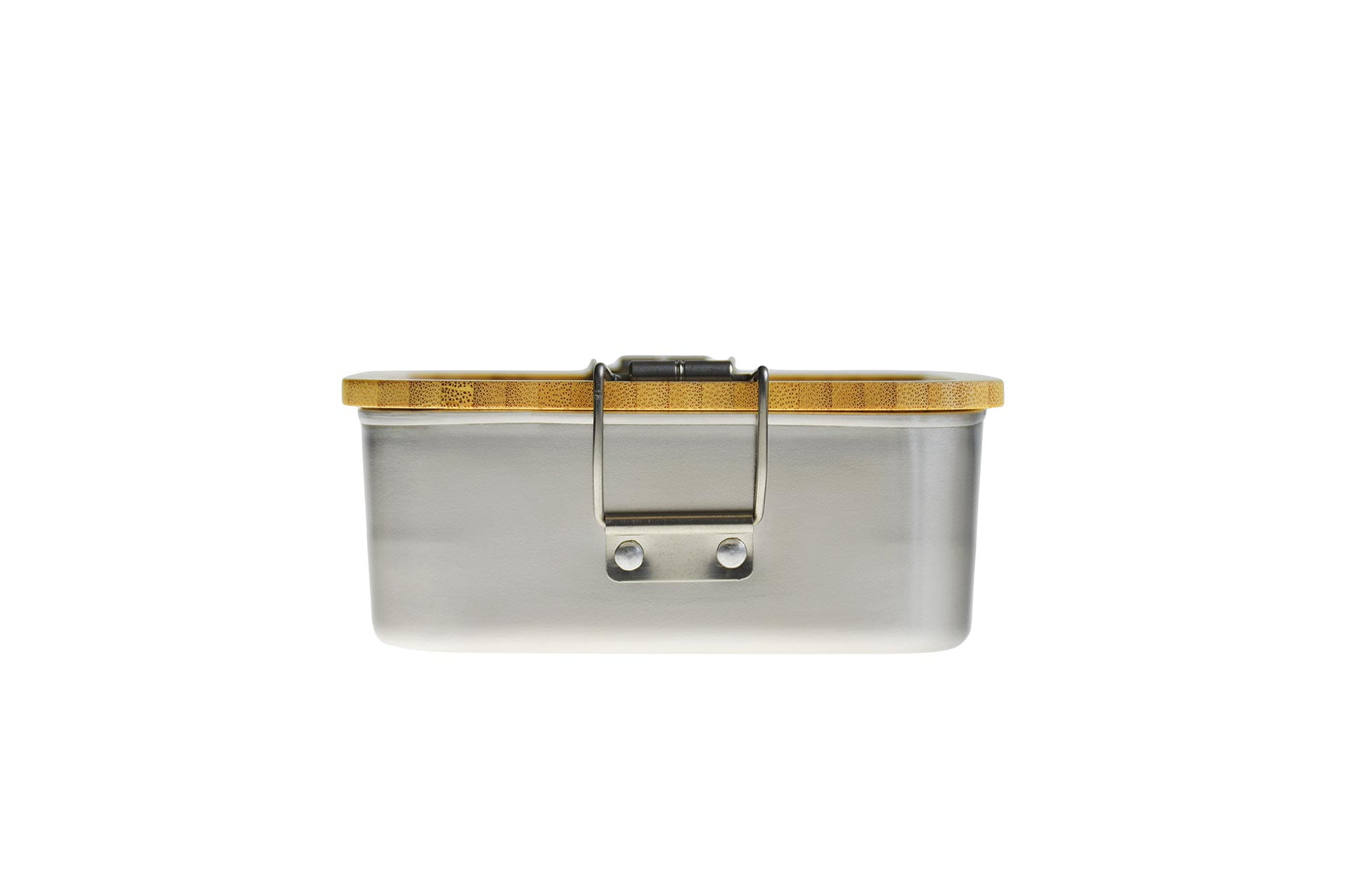Vue de face de la boîte à sandwich en acier inoxydable 120×120×47mm, couvercle en bambou durable, 630ml, lave-vaisselle, lavage à la main du couvercle