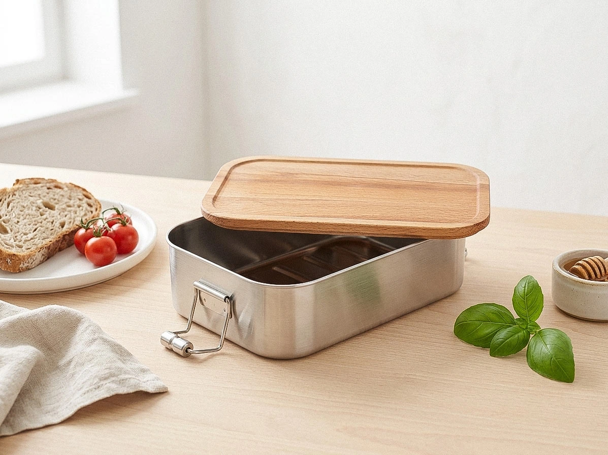 Offene Edelstahl-Lunchbox mit Buchenholzdeckel, gefüllt mit frischen Lebensmitteln auf einem Holztisch
