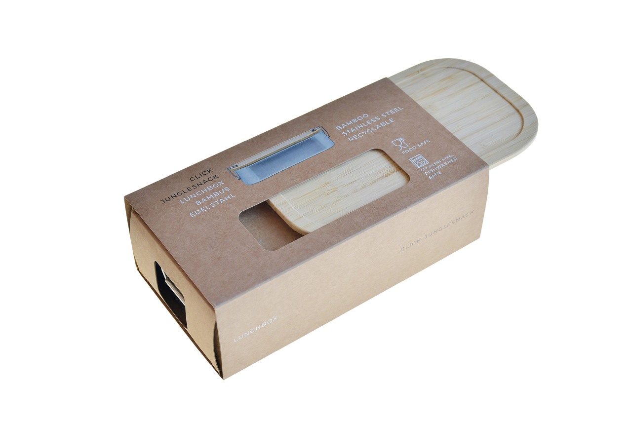 Vue en angle de l'emballage de la boîte à repas en acier inoxydable avec couvercle en bambou – cadeau durable pour les entreprises