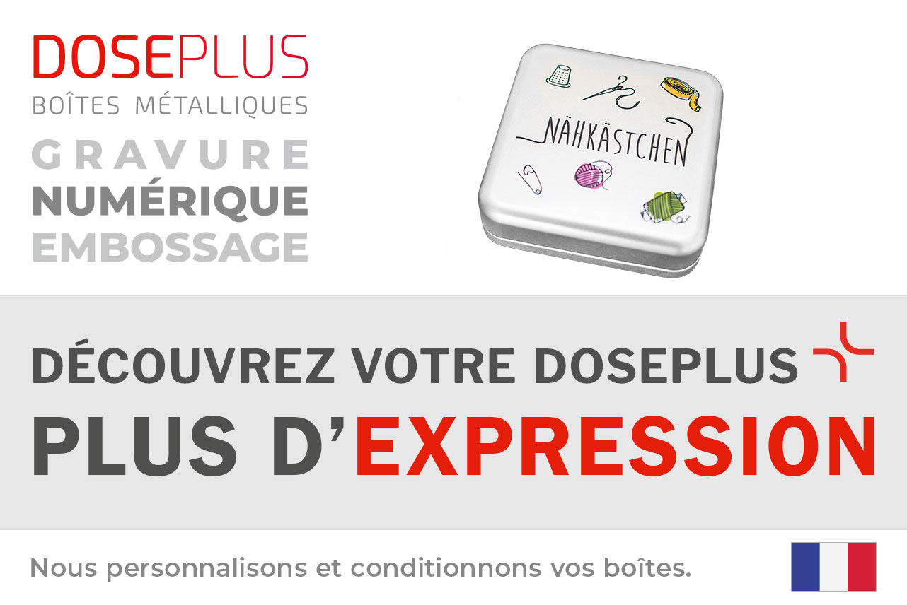 Boîte carrée en fer-blanc Doseplus – texte du bandeau : Découvrez votre Doseplus, plus d’expression. Emballages métalliques personnalisés, gravés et imprimés.