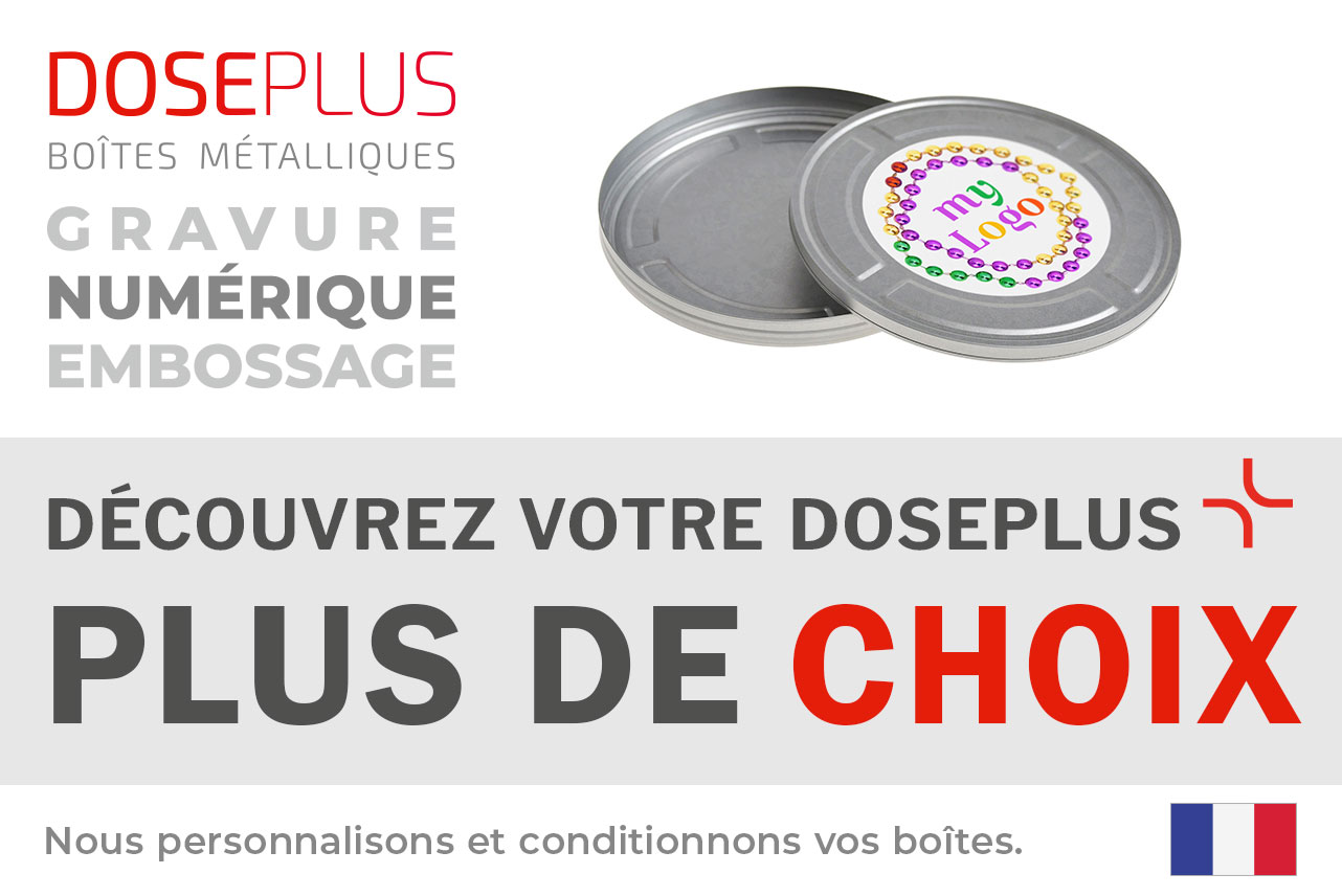 Boîte souvenir ronde FD 020 de Doseplus, compatible avec impression, gravure et embossage. Texte du bandeau : « Découvrez votre Doseplus – plus de choix ». Emballage métallique premium personnalisable.