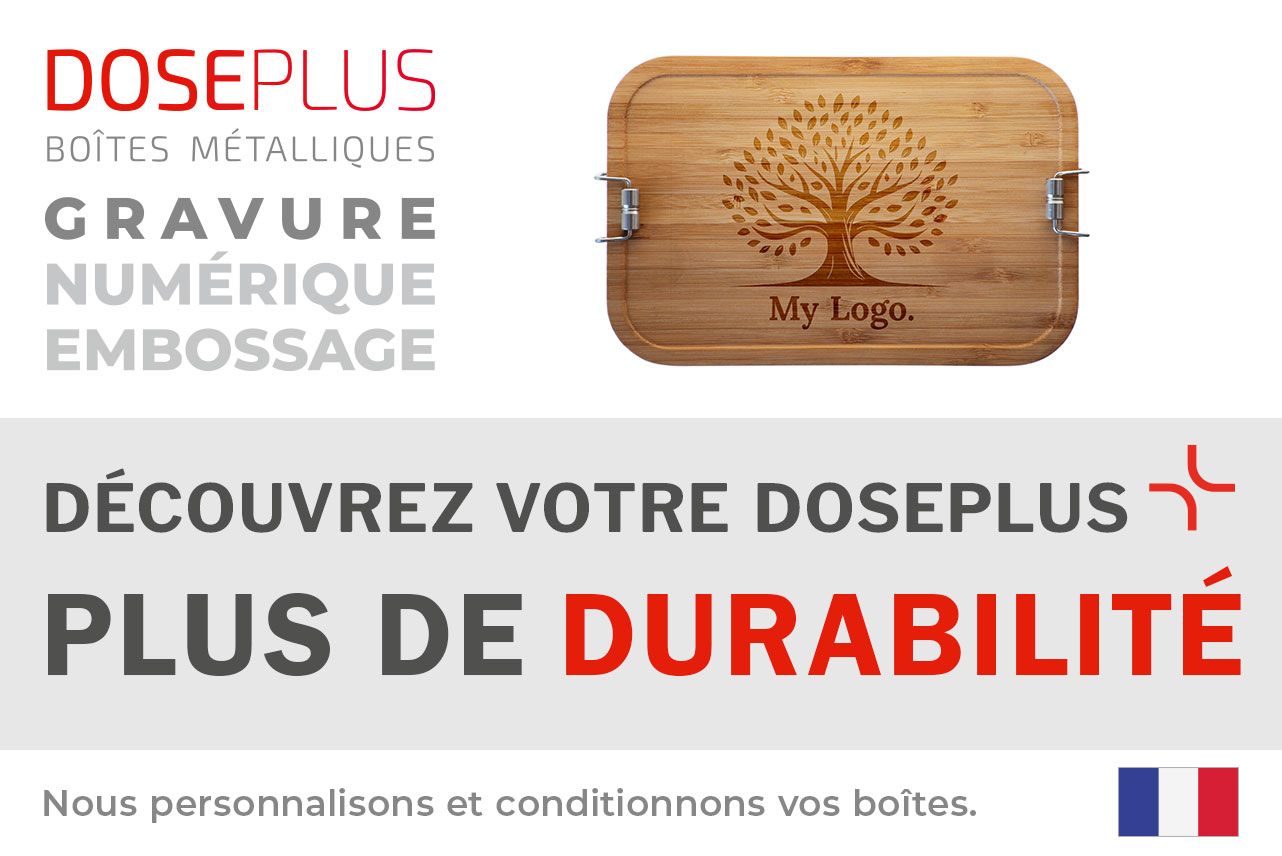 Grande boîte repas CP BA C8 en inox avec couvercle en bambou – Bannière : Découvrez votre Doseplus – Plus de durabilité. Boîte solide et durable idéale pour personnalisation.
