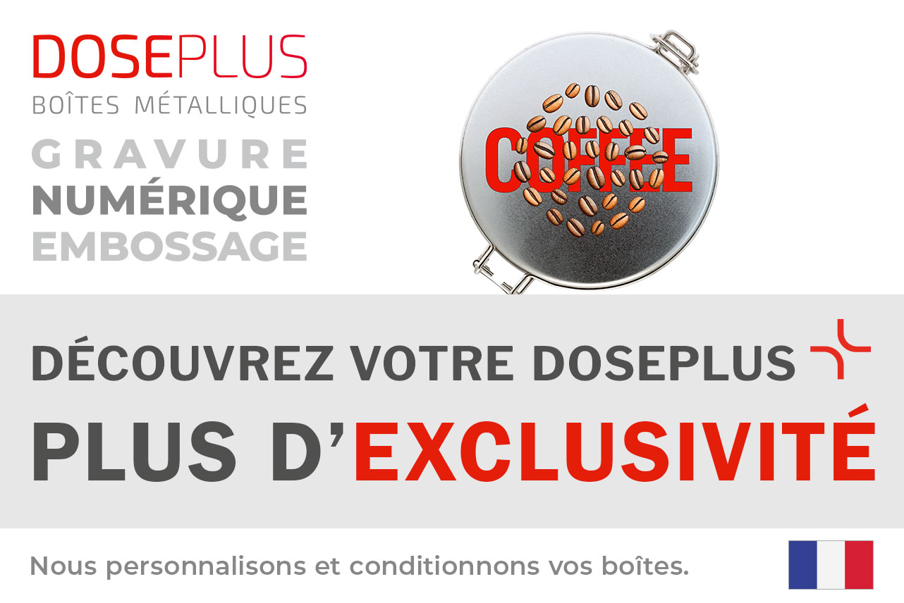 Boîte à café ronde en métal DSA 025 – Bannière : Découvrez votre Doseplus – Plus d’exclusivité. Emballage métallique haut de gamme pour une personnalisation et un marquage professionnels.