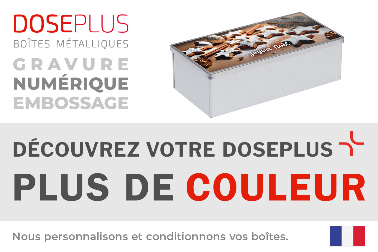 Boîte métallique Doseplus rectangulaire – texte du bandeau : Découvrez votre Doseplus, plus de couleur. Boîte personnalisée avec impression et gravure pour un design créatif.