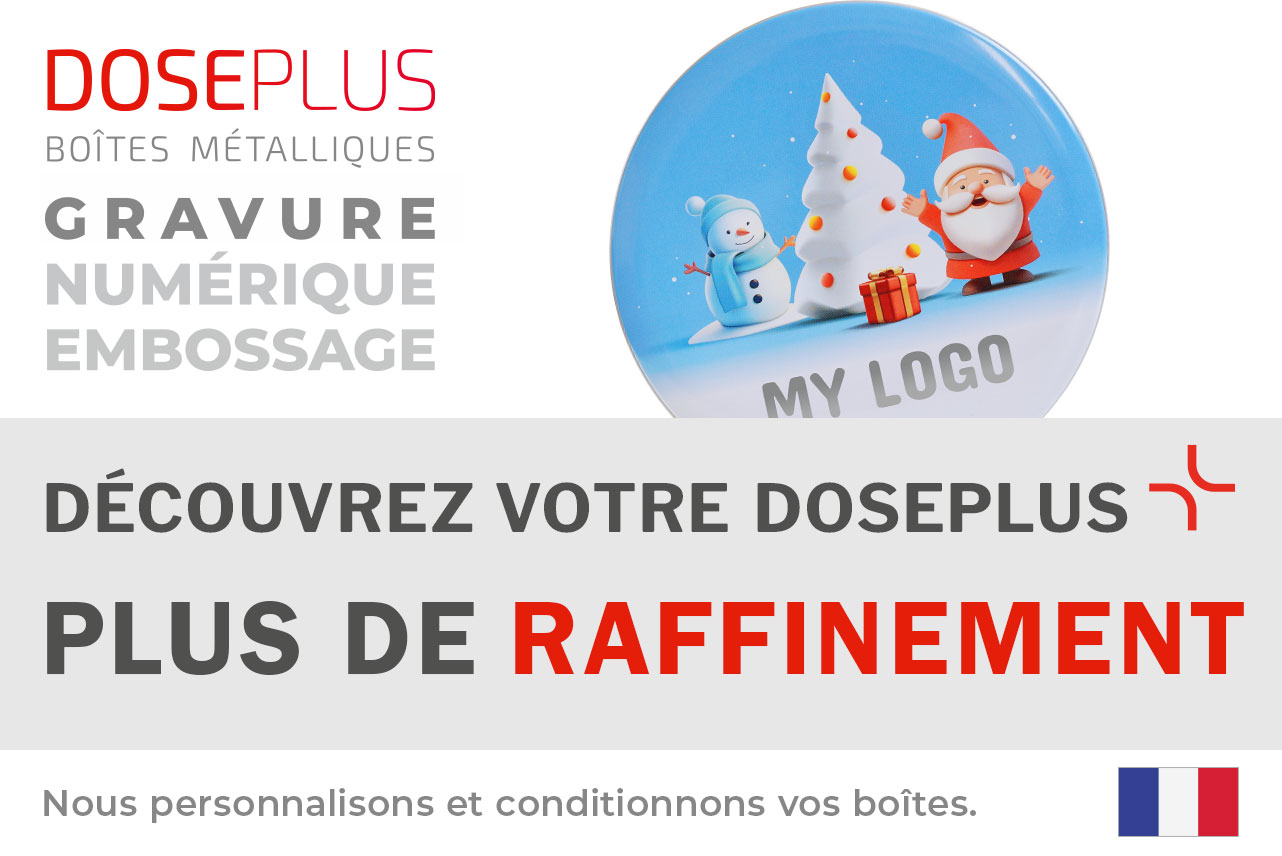Boîte cadeau WD 051 ronde avec illustration d’hiver et espace logo – bannière : « Découvrez votre Doseplus – plus de raffinement ». Boîte métallique premium pour emballages B2B personnalisés.