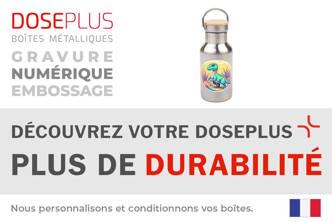 Bouteille en acier inoxydable Doseplus avec marquage – texte du bandeau : « Découvrez votre Doseplus – plus de durabilité ». Présente les options de personnalisation : impression, gravure et embossage.