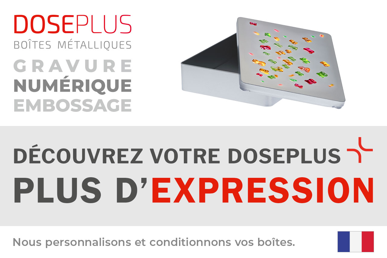 Boîte métallique Doseplus rectangulaire – texte du bandeau : Découvrez votre Doseplus, plus d’expression. Boîte personnalisée avec impression pour emballages originaux.