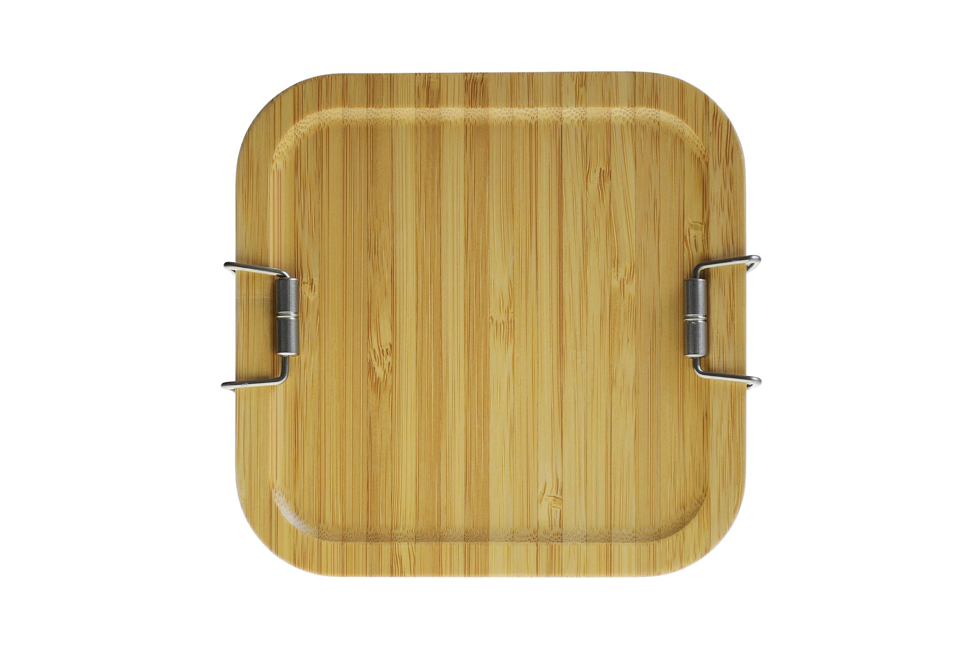 Vue de dessus du couvercle en bambou de la boîte à sandwich en acier inoxydable, adapté à la gravure laser et à l'impression numérique