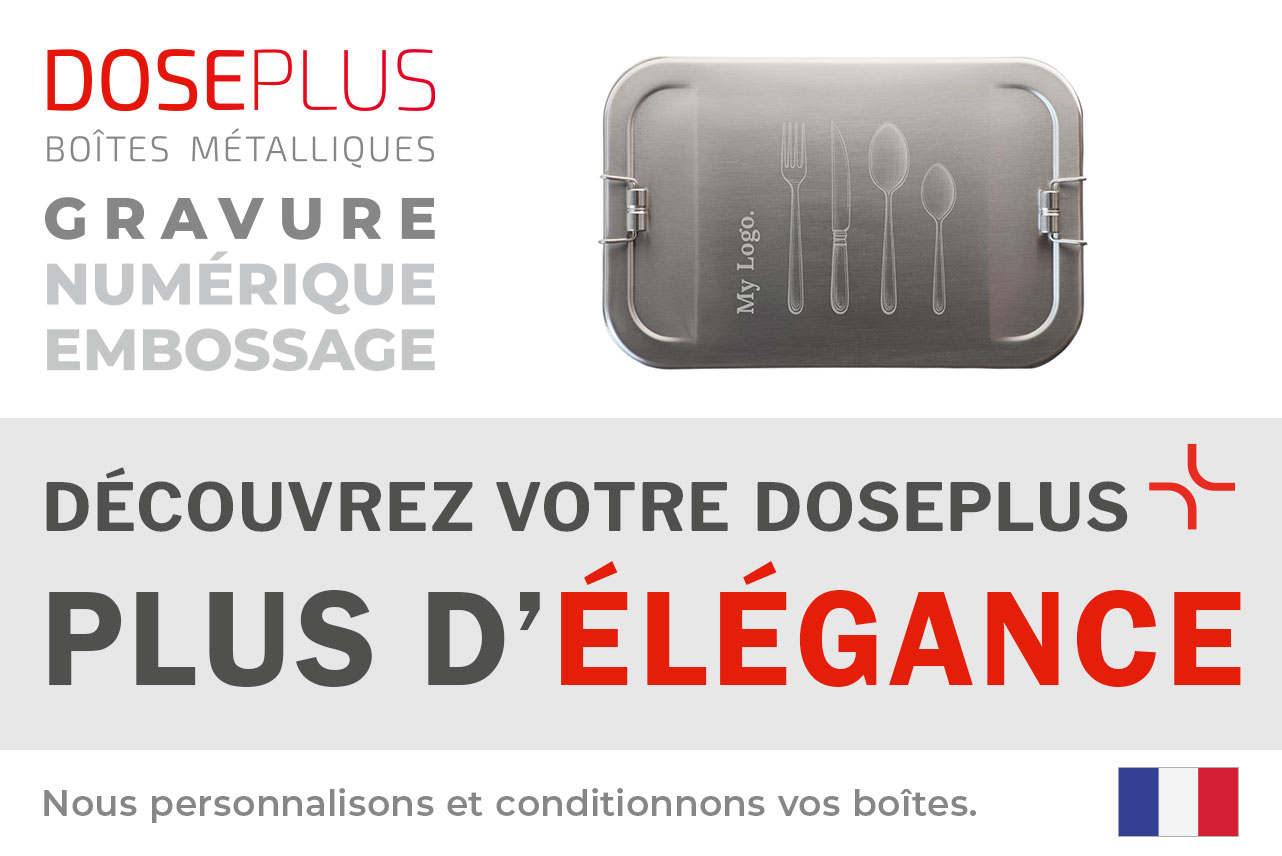 Boîte métallique compacte CP ES C7 – Bannière : Découvrez votre Doseplus – Plus d’élégance. Petite boîte premium idéale pour personnalisation et marquage élégant.