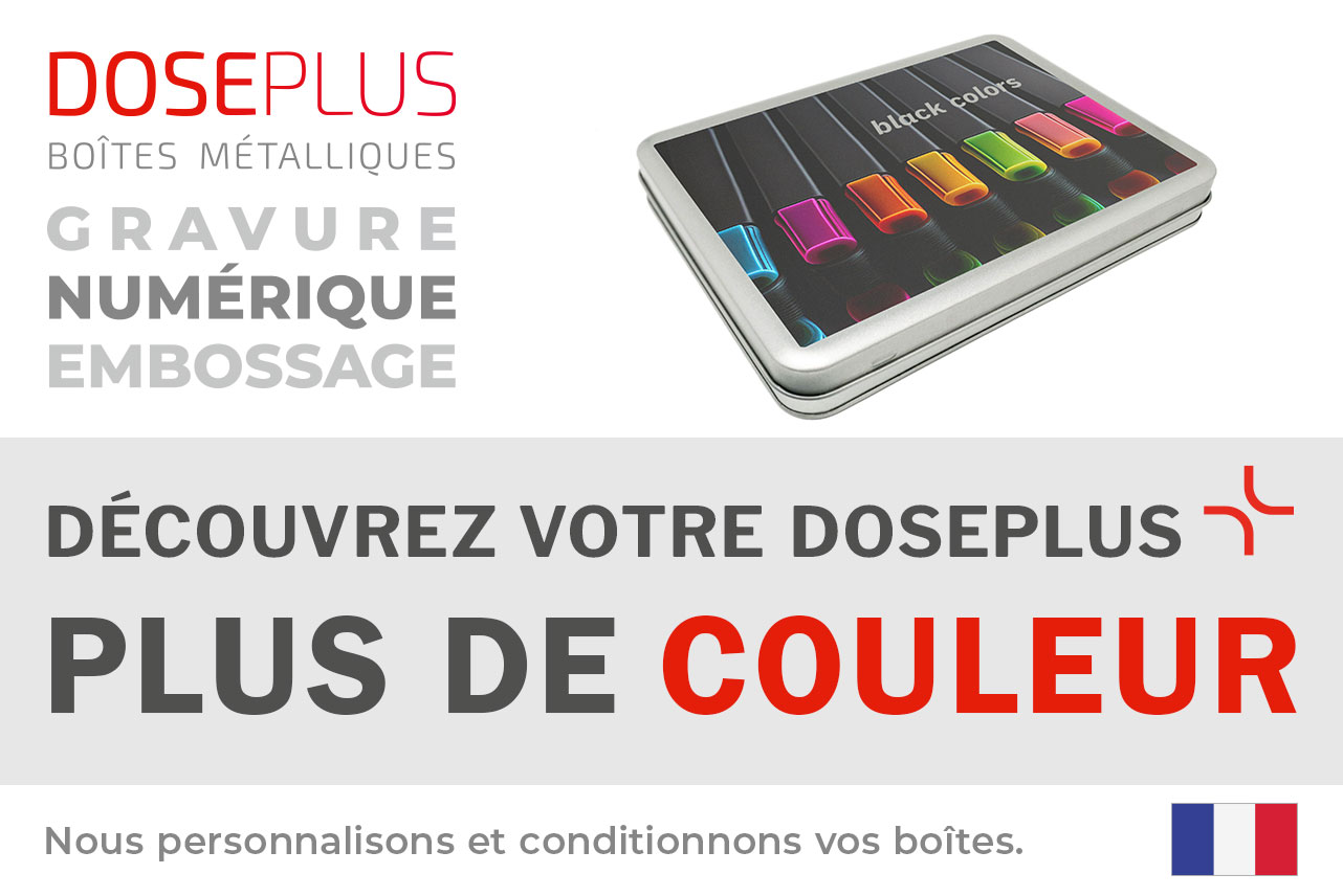 Boîte métallique rectangulaire argentée Doseplus avec impression colorée de stylos multicolores sur fond noir. Texte : « Emballages métalliques – gaufrage, gravure laser, impression – Découvrez votre Doseplus, plus de couleurs ».